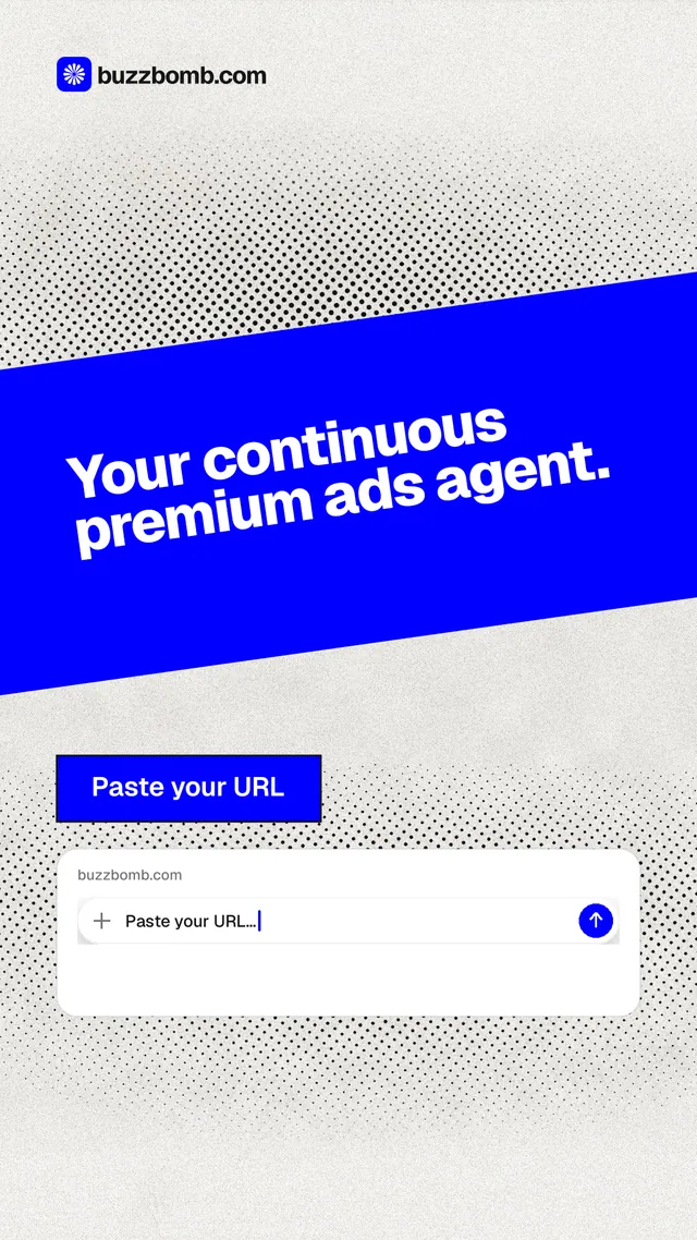 Instagram story for BuzzBomb: "Your continuous premium ads agent." Ink sticker style, diagonal layout, light palette in white, blue.