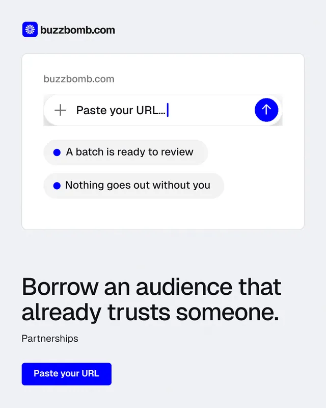 Instagram portrait post for BuzzBomb: "Borrow an audience that already trusts someone." Data card style, bottom layout, light palette in white, blue.