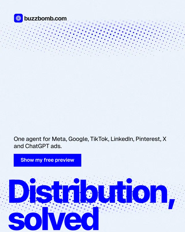 Instagram portrait post for BuzzBomb: "Distribution, solved." Swiss style, oversized layout, light palette in white, blue.