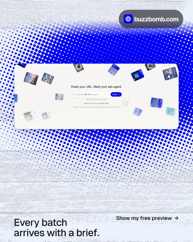 Instagram portrait post for BuzzBomb: "Every batch arrives with a brief." Swiss style, image led layout, light palette in blue, white.