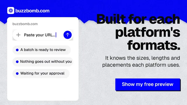 Landscape graphic for BuzzBomb: "Built for each platform's formats." Paper trio style, right layout, light palette in white, blue, grey.