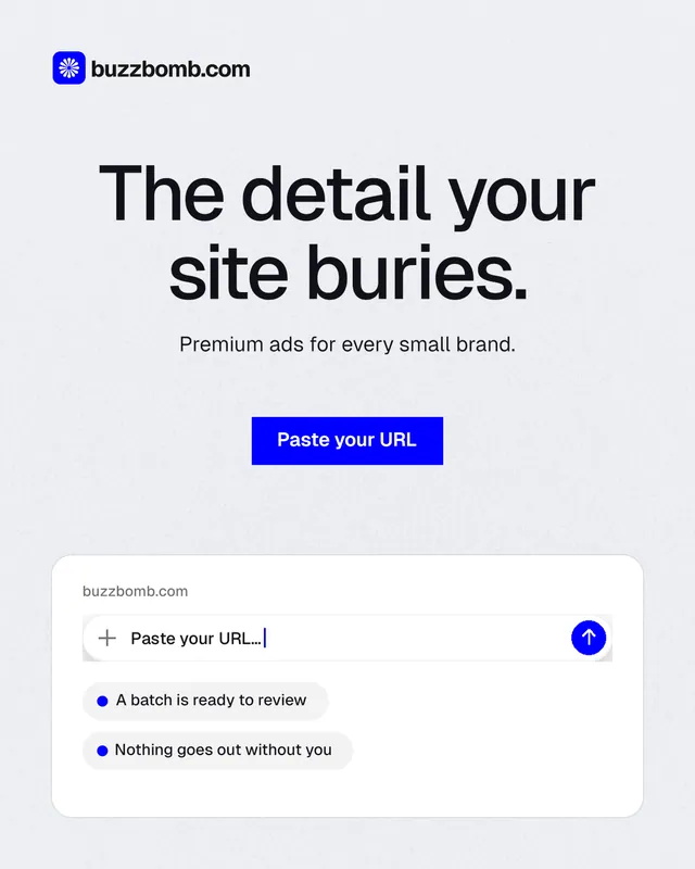 Instagram portrait post for BuzzBomb: "The detail your site buries." Swiss style, centred layout, light palette in white, blue.