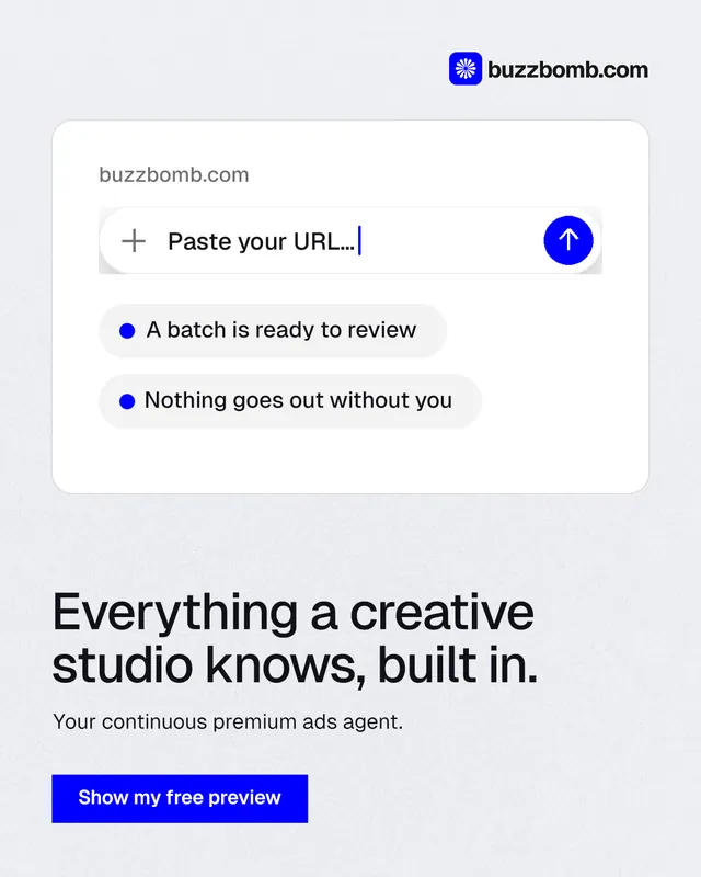 Instagram portrait post for BuzzBomb: "Everything a creative studio knows, built in." Swiss style, bottom layout, light palette in white, blue.