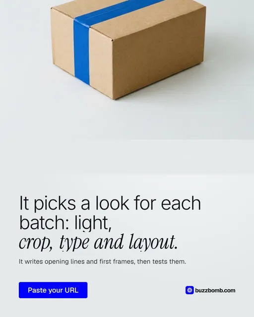 Video for BuzzBomb: "It picks a look for each batch: light, crop, type and layout.". Doc motion loop, 7.0 s, light palette.