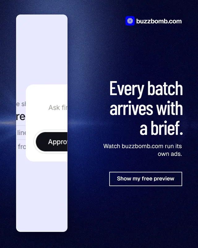 Instagram portrait post for BuzzBomb: "Every batch arrives with a brief." Dark deco style, right layout, dark palette in black, blue.