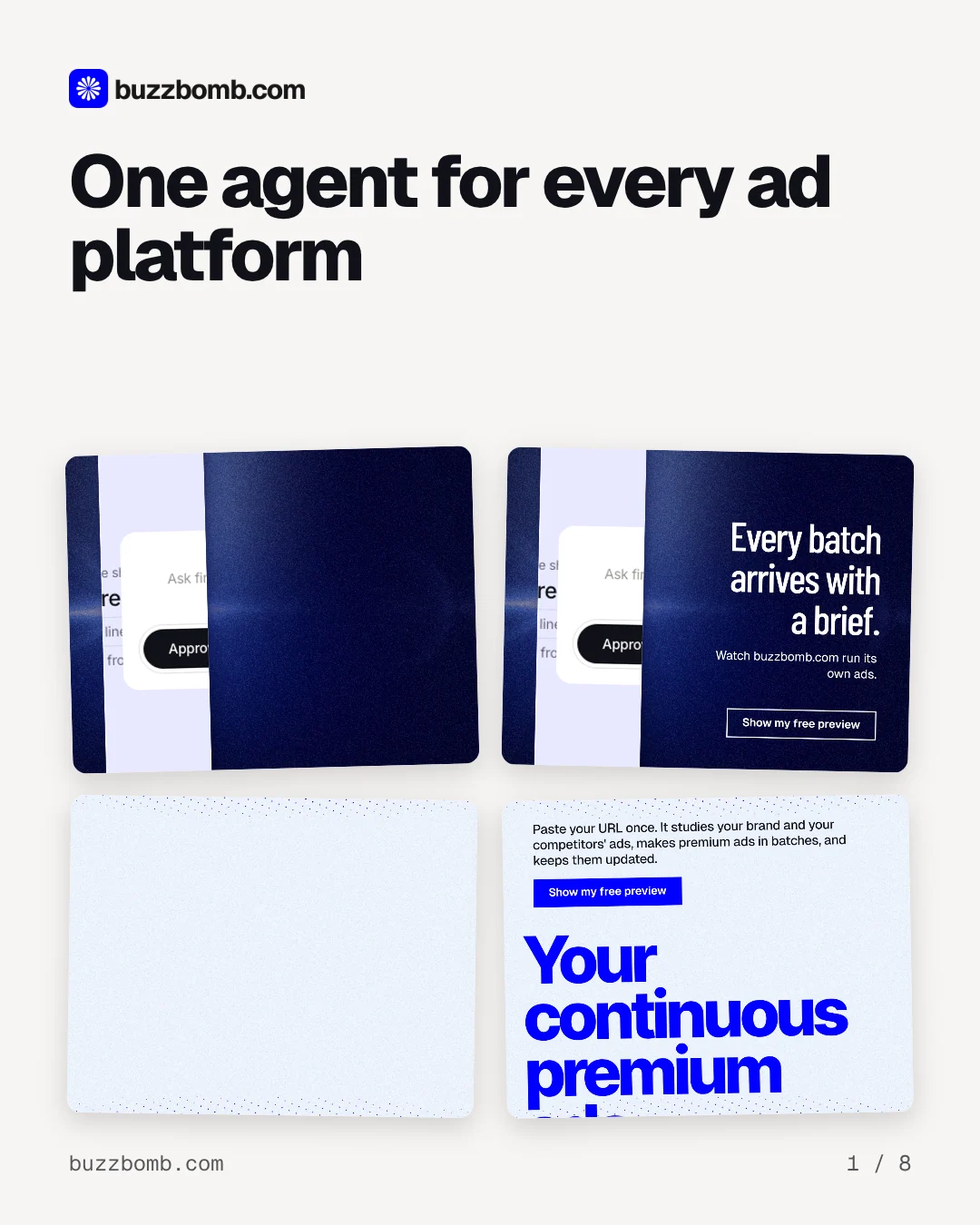Carousel for BuzzBomb: "One agent for every ad platform". Collection carousel, 8 slides, light palette.