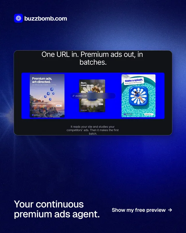 Instagram portrait post for BuzzBomb: "Your continuous premium ads agent." Swiss style, image led layout, dark palette in blue.