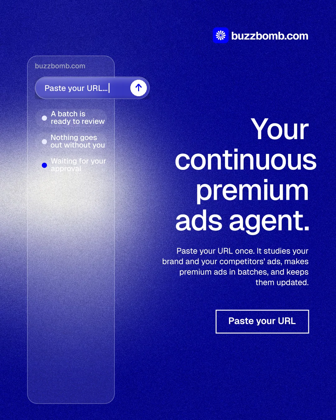 Instagram portrait post for BuzzBomb: "Your continuous premium ads agent." Cyanotype style, right layout, dark palette in blue.