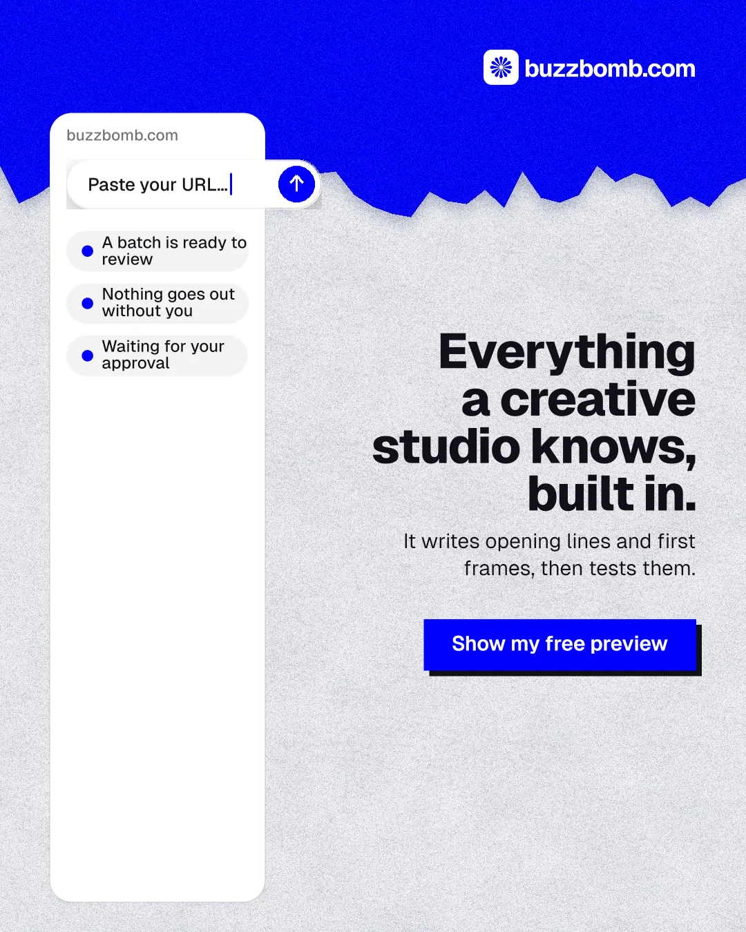 Instagram portrait post for BuzzBomb: "Everything a creative studio knows, built in." Paper trio style, right layout, light palette in white, blue, grey.