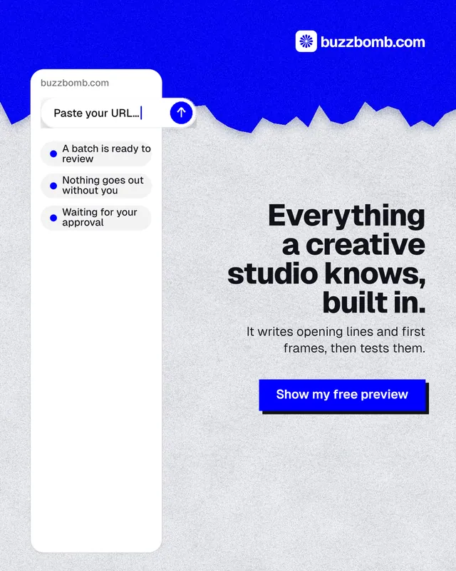Instagram portrait post for BuzzBomb: "Everything a creative studio knows, built in." Paper trio style, right layout, light palette in white, blue, grey.
