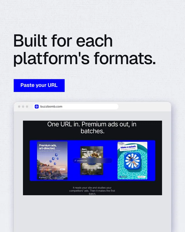 Instagram portrait post for BuzzBomb: "Built for each platform's formats." Swiss style, browser layout, light palette in white, blue, grey.