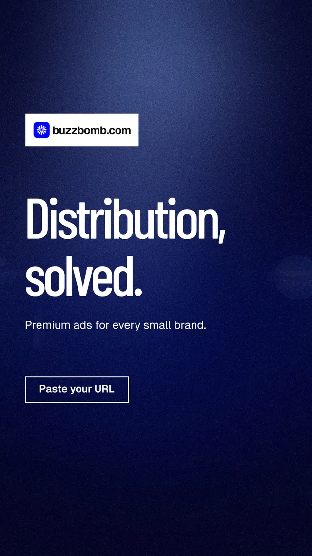 Instagram story for BuzzBomb: "Distribution, solved." Dark deco style, announce layout, dark palette in blue, black.