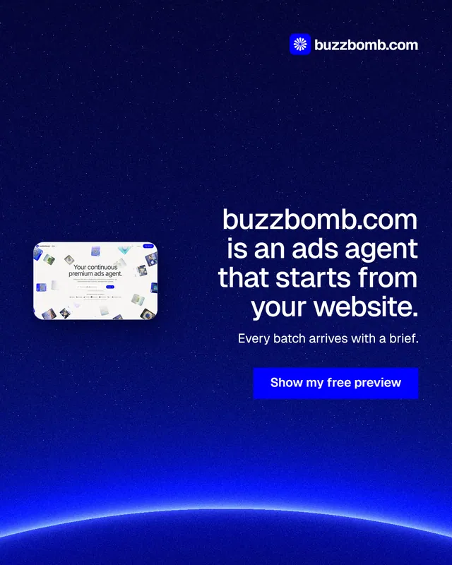 Instagram portrait post for BuzzBomb: "buzzbomb.com is an ads agent that starts from your website." Swiss style, right layout, dark palette in blue.