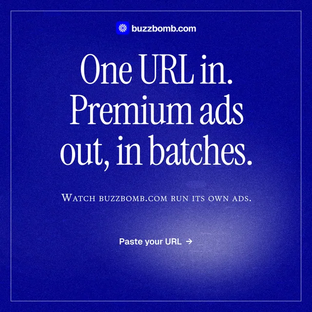 Instagram post for BuzzBomb: "One URL in. Premium ads out, in batches." Editorial style, smallcaps layout, dark palette in blue.
