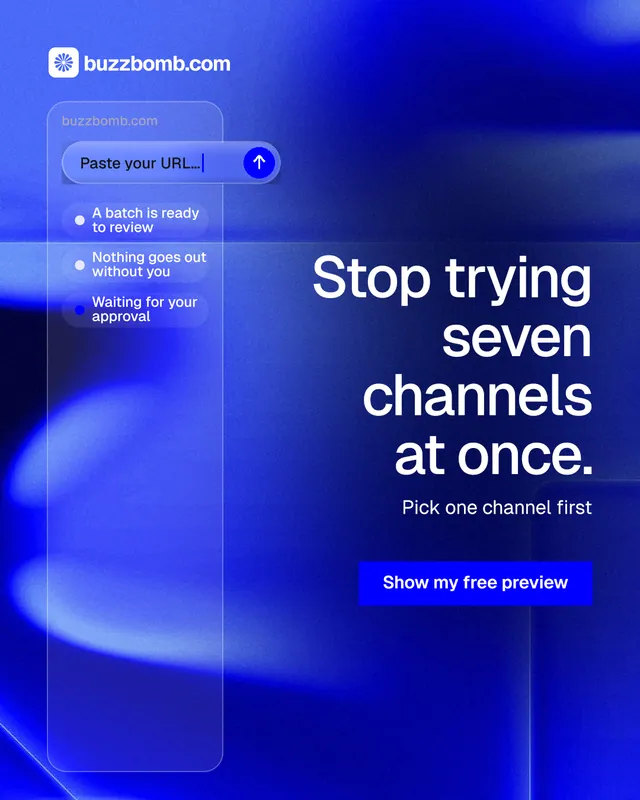 Instagram portrait post for BuzzBomb: "Stop trying seven channels at once." Swiss style, right layout, dark palette in blue.