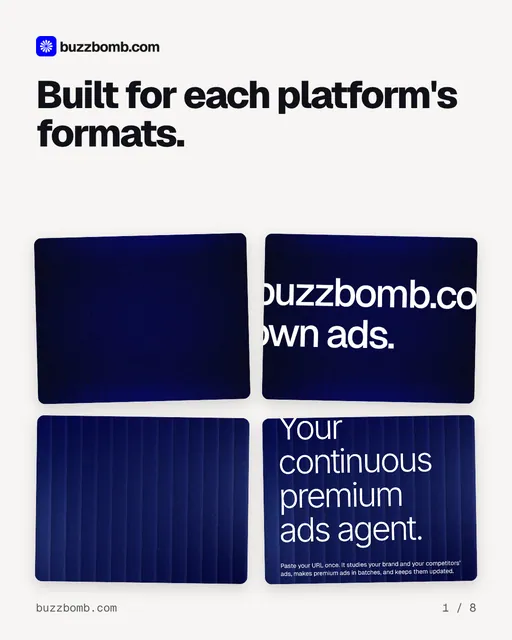 Carousel for BuzzBomb: "Built for each platform's formats.". Collection carousel, 8 slides, light palette.