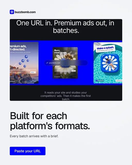 Video for BuzzBomb: "Built for each platform's formats.". Doc motion loop, 8.0 s, light palette.