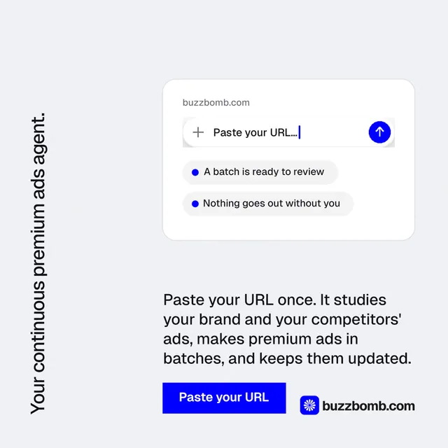 Instagram post for BuzzBomb: "Your continuous premium ads agent." Swiss style, vertical layout, light palette in white, blue.