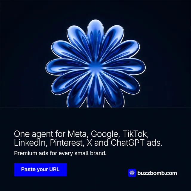 Instagram post for BuzzBomb: "One agent for Meta, Google, TikTok, LinkedIn, Pinterest, X and ChatGPT ads." Swiss style, bottom layout, dark palette in black, blue.
