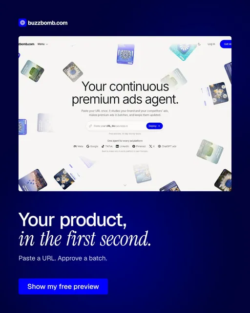 Video for BuzzBomb: "Your product, in the first second.". Doc motion loop, 7.0 s, dark palette.
