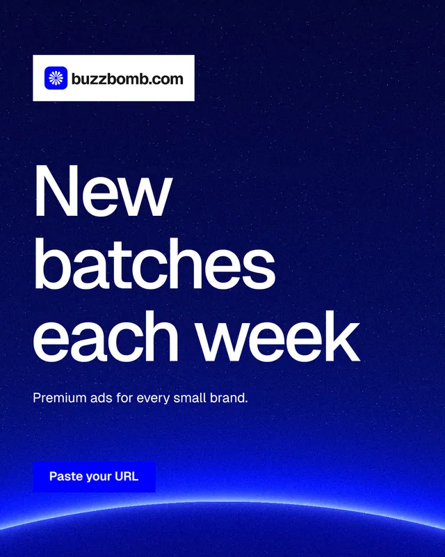 Instagram portrait post for BuzzBomb: "New batches each week". Swiss style, announce layout, dark palette in blue.