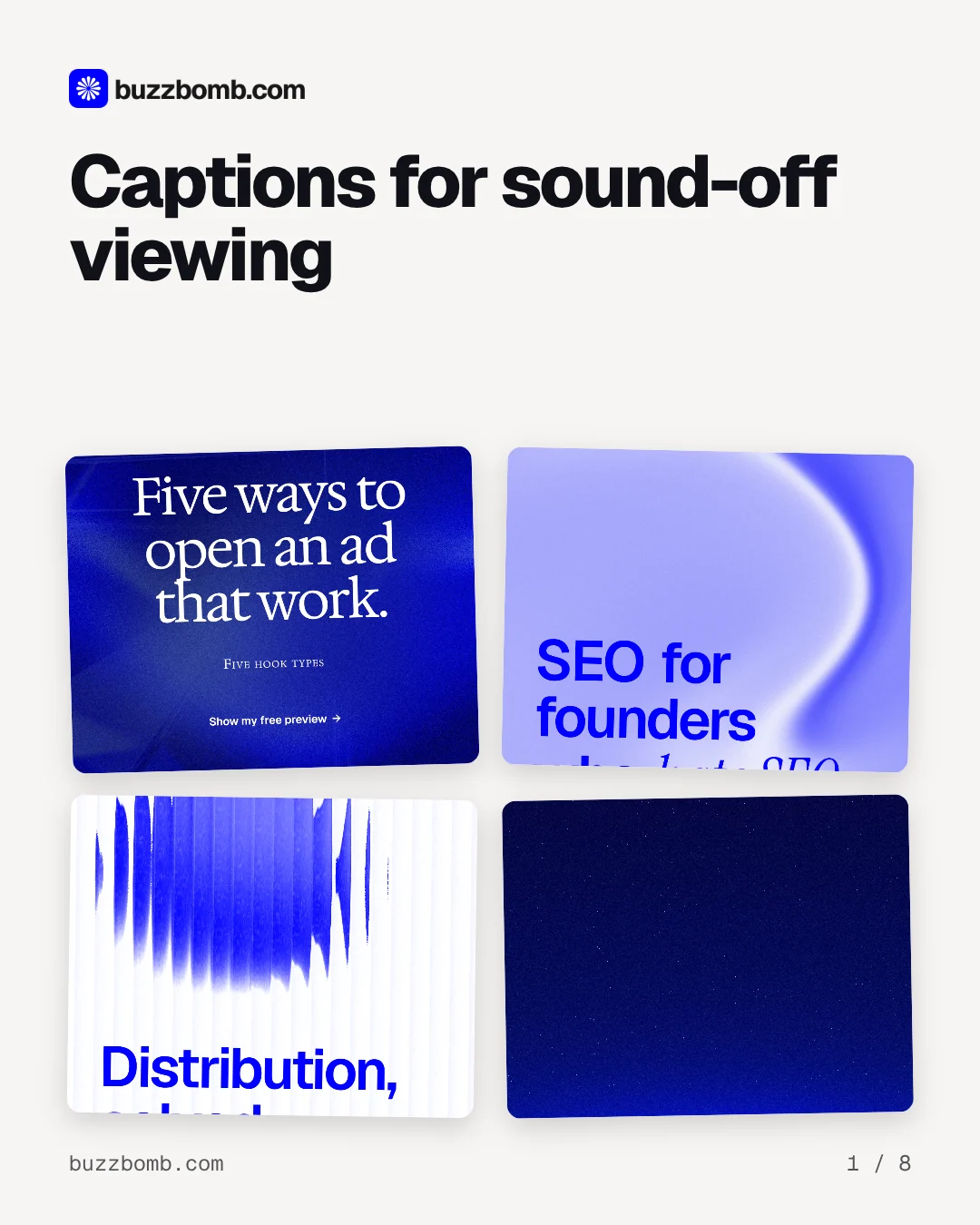 Carousel for BuzzBomb: "Captions for sound-off viewing". Collection carousel, 8 slides, light palette.
