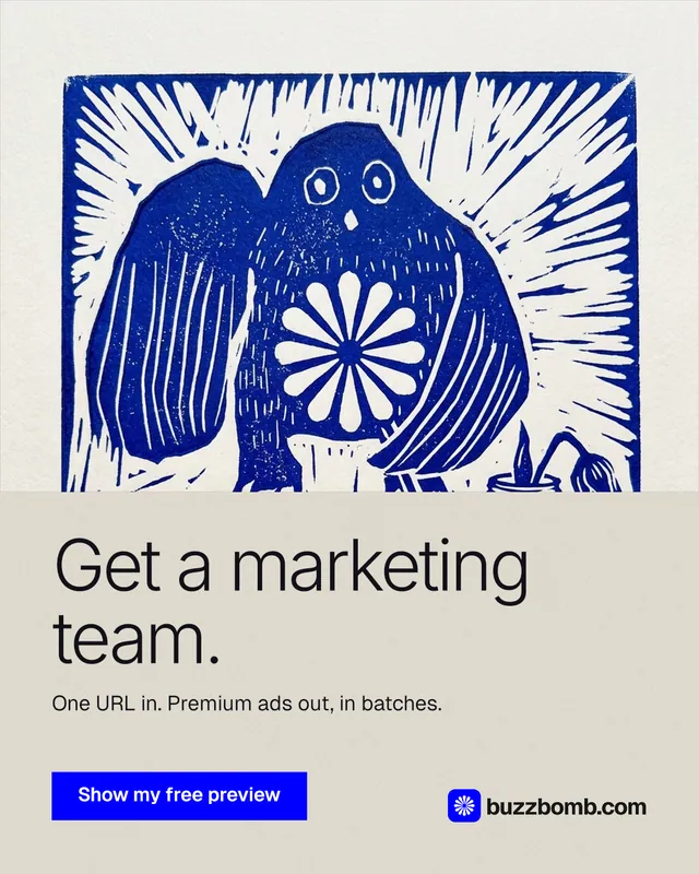 Instagram portrait post for BuzzBomb: "Get a marketing team." Swiss style, bottom layout, light palette in yellow, blue, white.