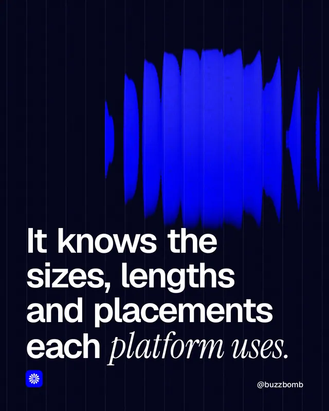 Instagram portrait post for BuzzBomb: "It knows the sizes, lengths and placements each platform uses." Auto 4x5 style, technique:shader field layout, dark palette in black, blue.