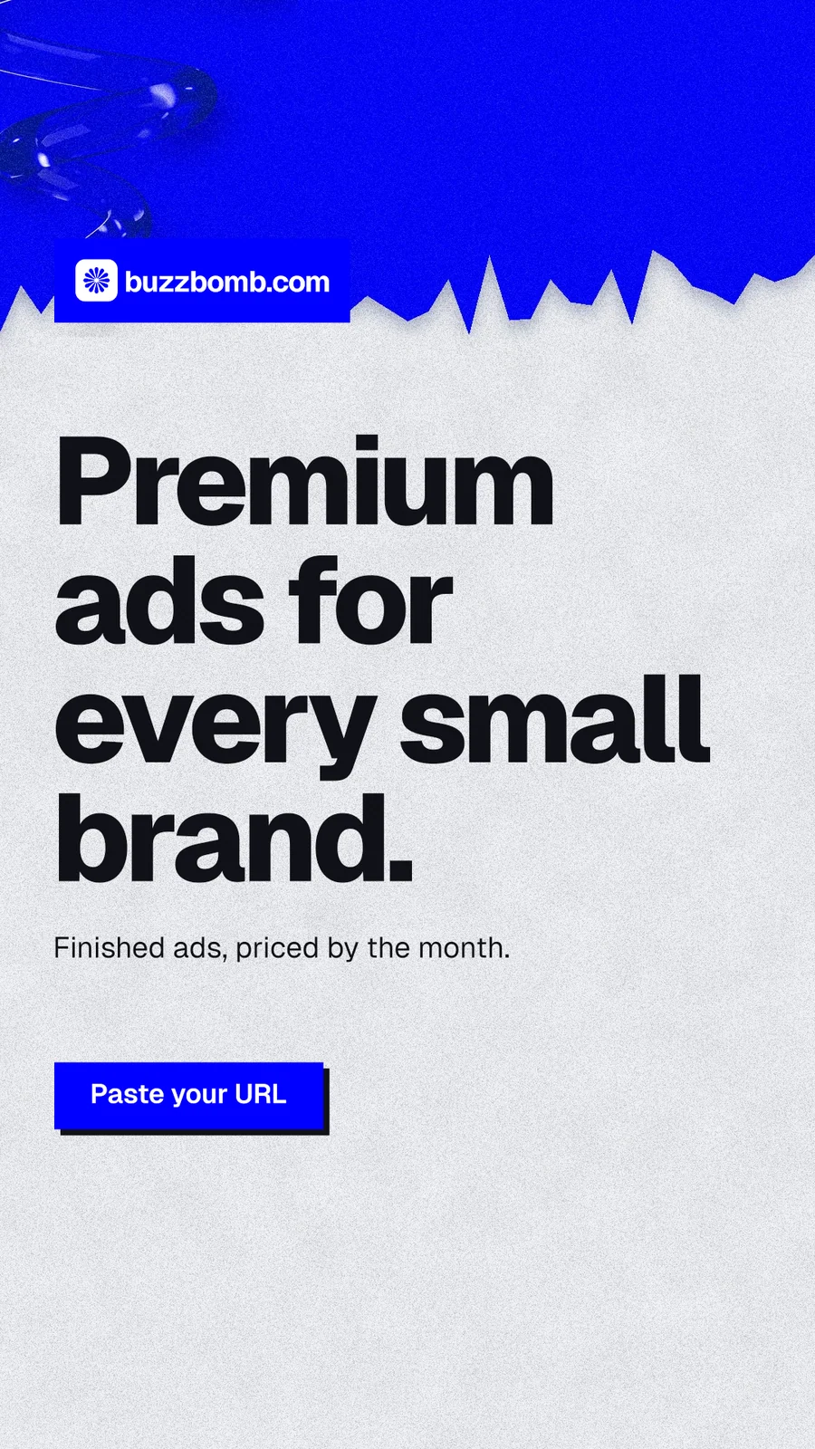 Instagram story for BuzzBomb: "Premium ads for every small brand." Paper trio style, announce layout, light palette in white, blue, grey.