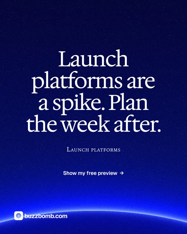 Instagram portrait post for BuzzBomb: "Launch platforms are a spike. Plan the week after." Swiss style, smallcaps layout, dark palette in blue.
