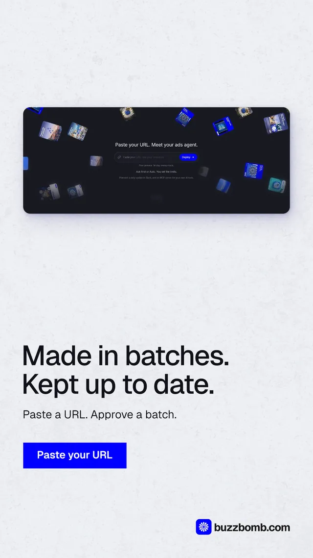 Instagram story for BuzzBomb: "Made in batches. Kept up to date." Swiss style, bottom layout, light palette in white, blue.