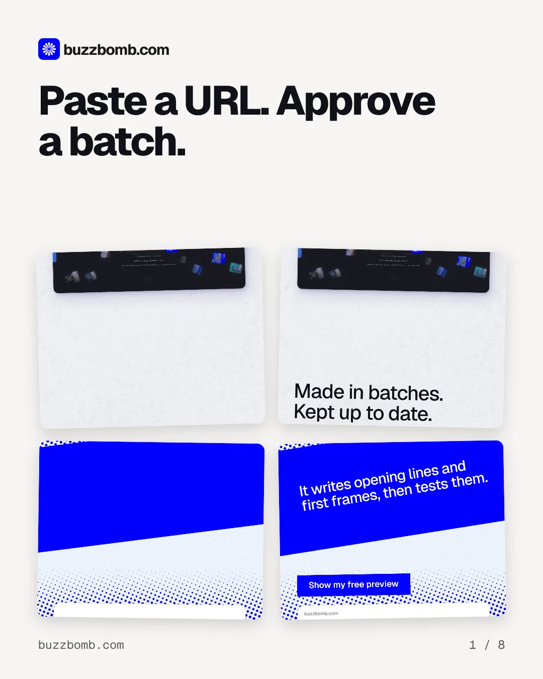 Carousel for BuzzBomb: "Paste a URL. Approve a batch.". Collection carousel, 8 slides, light palette.