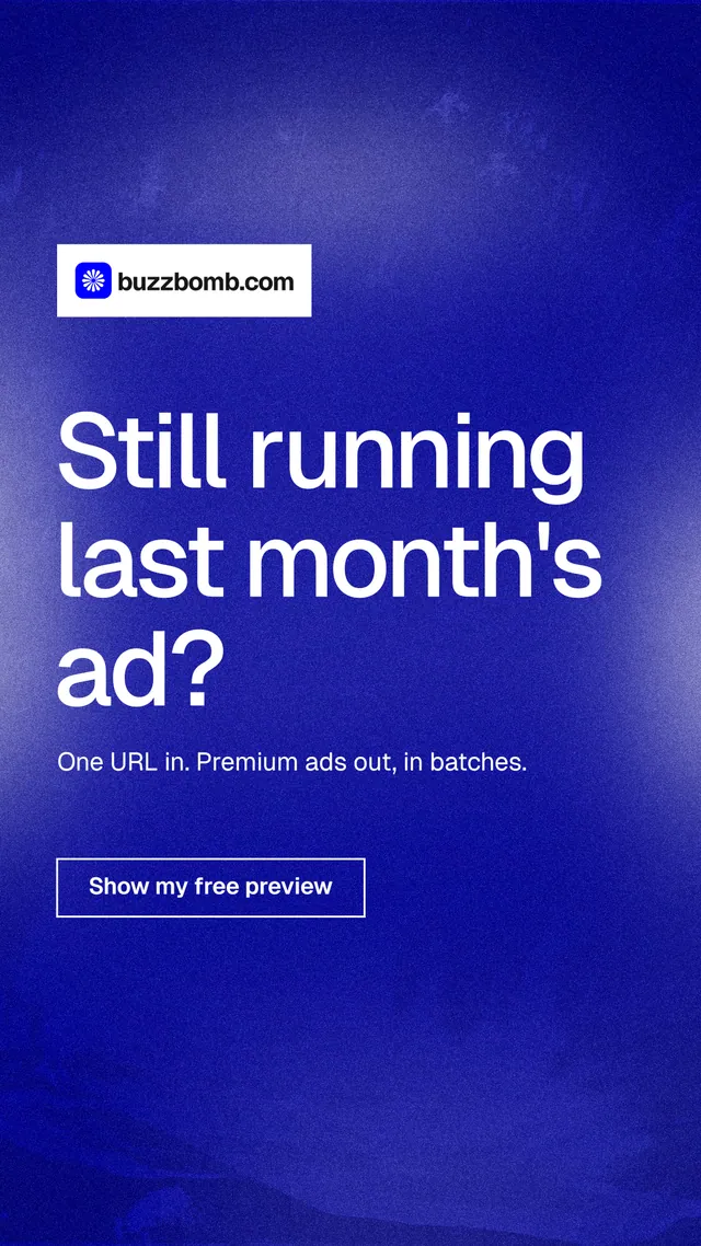 Instagram story for BuzzBomb: "Still running last month's ad?" Cyanotype style, announce layout, dark palette in blue.