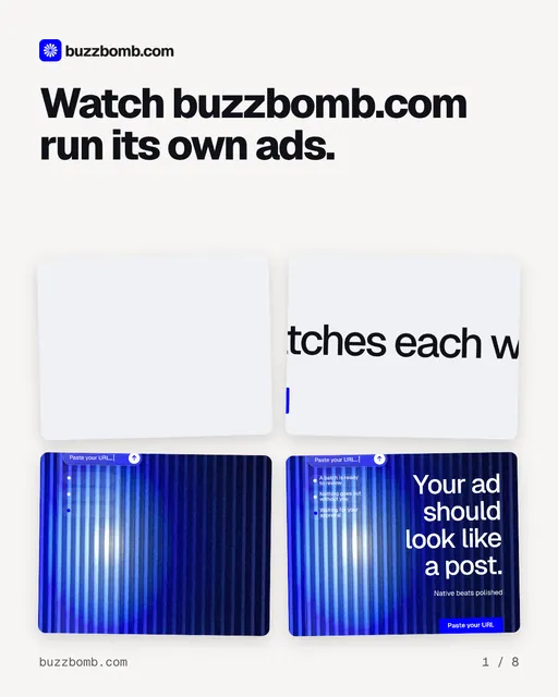 Carousel for BuzzBomb: "Watch buzzbomb.com run its own ads.". Collection carousel, 8 slides, light palette.