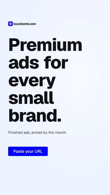 Video for BuzzBomb: "Premium ads for every small brand.". Doc motion loop, 7.0 s, light palette.