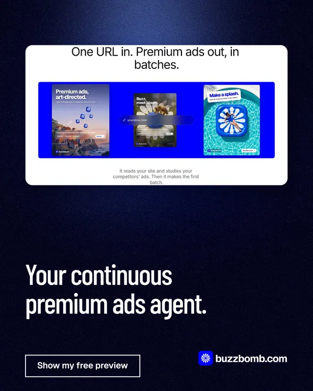 Instagram portrait post for BuzzBomb: "Your continuous premium ads agent." Dark deco style, bottom layout, dark palette in black, blue.