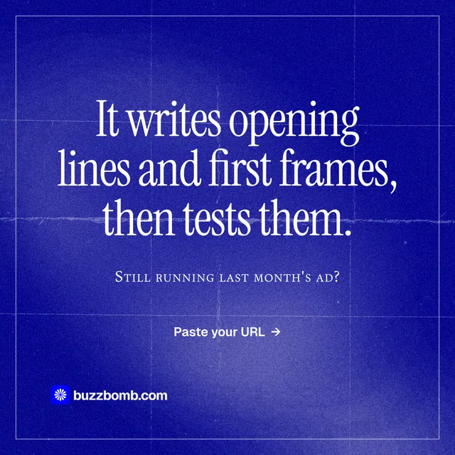 Instagram post for BuzzBomb: "It writes opening lines and first frames, then tests them." Editorial style, smallcaps layout, dark palette in blue.