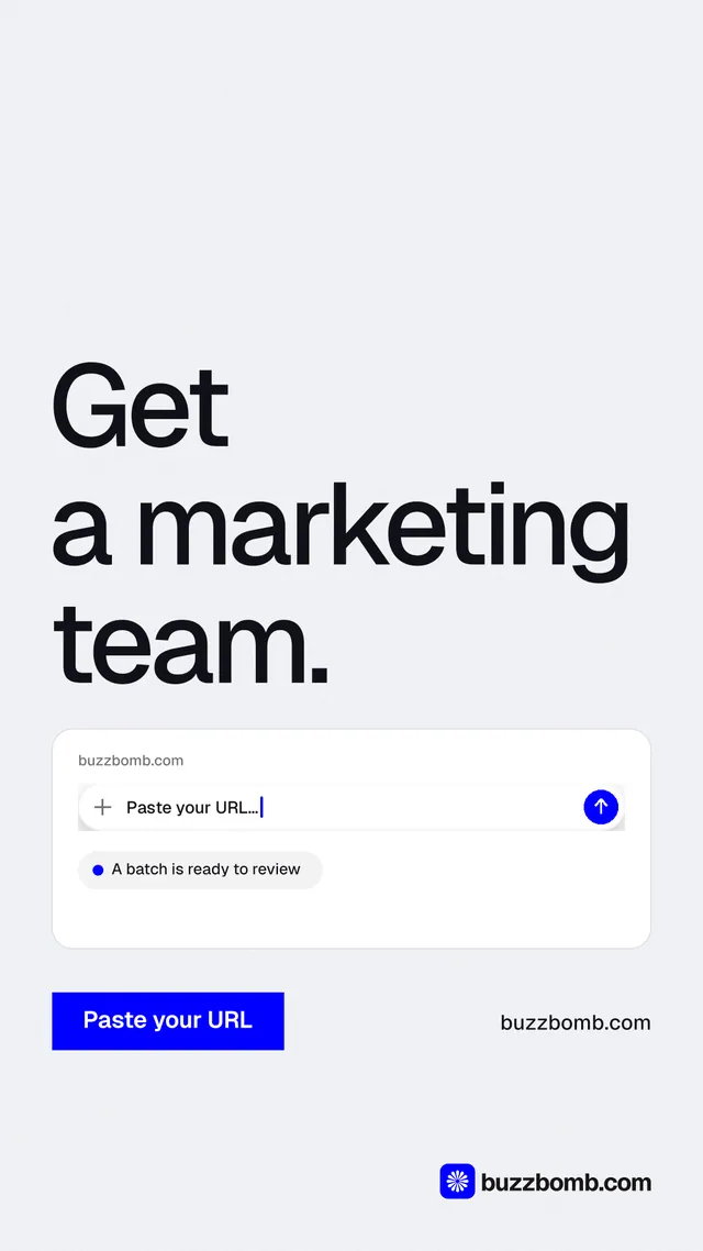 Instagram story for BuzzBomb: "Get a marketing team." Swiss style, poster layout, light palette in white, blue.