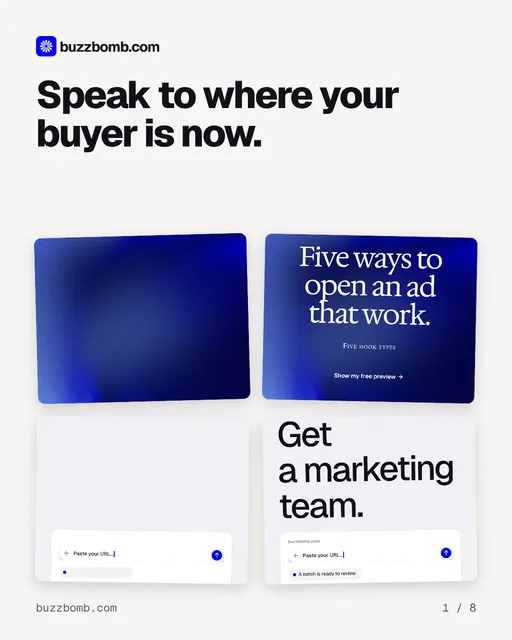 Carousel for BuzzBomb: "Speak to where your buyer is now.". Collection carousel, 8 slides, light palette.