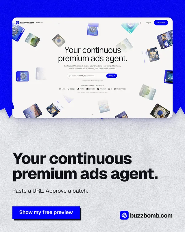 Instagram portrait post for BuzzBomb: "Your continuous premium ads agent." Paper trio style, bottom layout, light palette in white, blue.