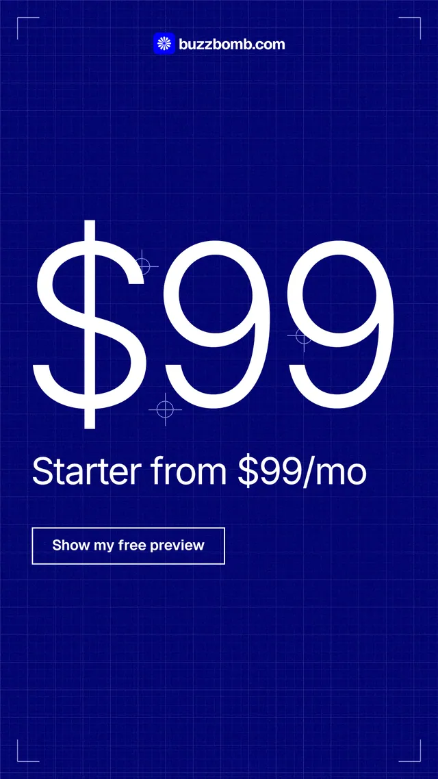 Instagram story for BuzzBomb: "Finished ads, priced by the month." Blueprint style, stat layout, dark palette in blue.