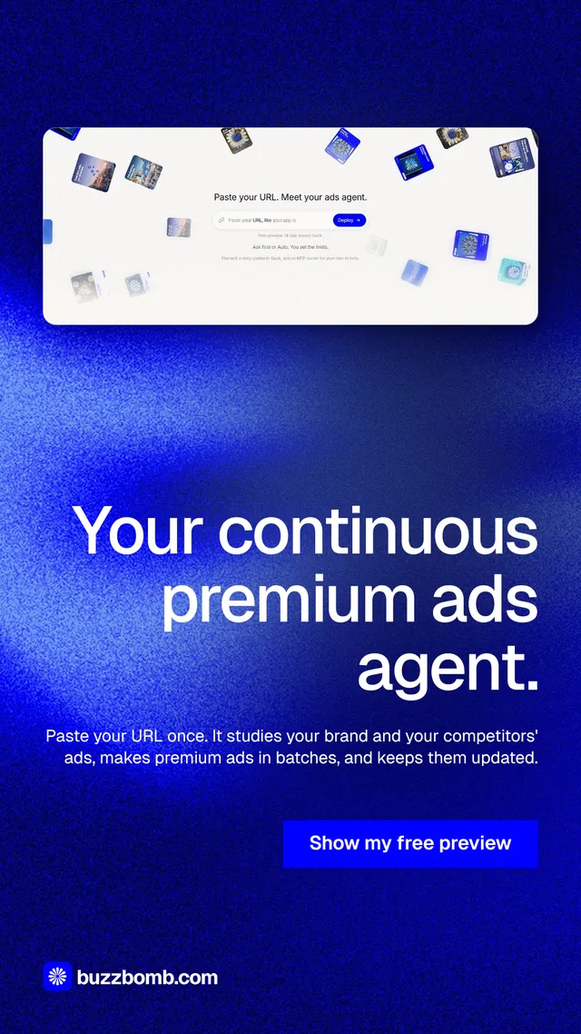 Instagram story for BuzzBomb: "Your continuous premium ads agent." Swiss style, right layout, dark palette in blue.