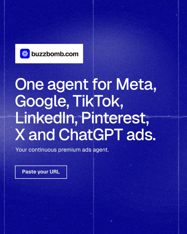 Instagram portrait post for BuzzBomb: "One agent for Meta, Google, TikTok, LinkedIn, Pinterest, X and ChatGPT ads." Cyanotype style, announce layout, dark palette in blue.