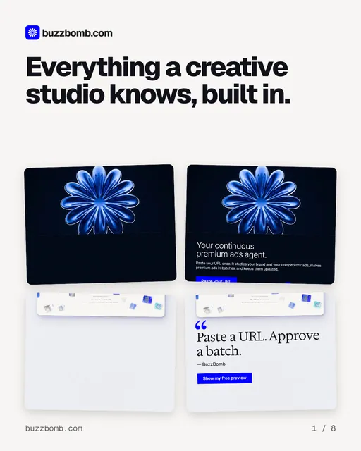 Carousel for BuzzBomb: "Everything a creative studio knows, built in.". Collection carousel, 8 slides, light palette.