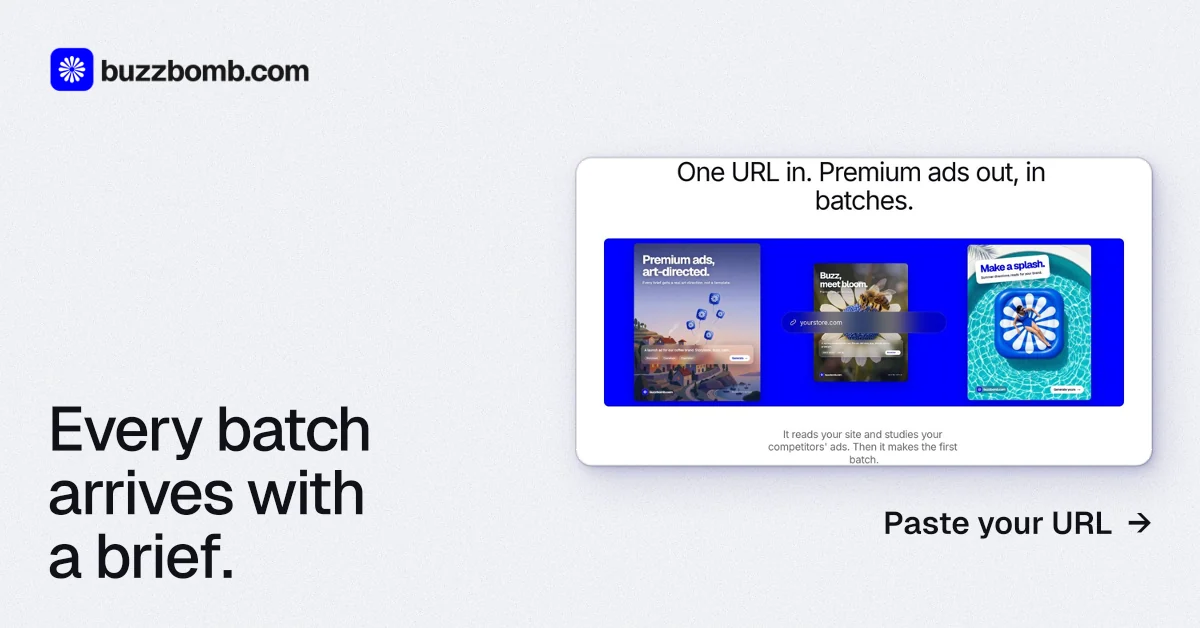 Social ad for BuzzBomb: "Every batch arrives with a brief." Swiss style, image led layout, light palette in white, blue.