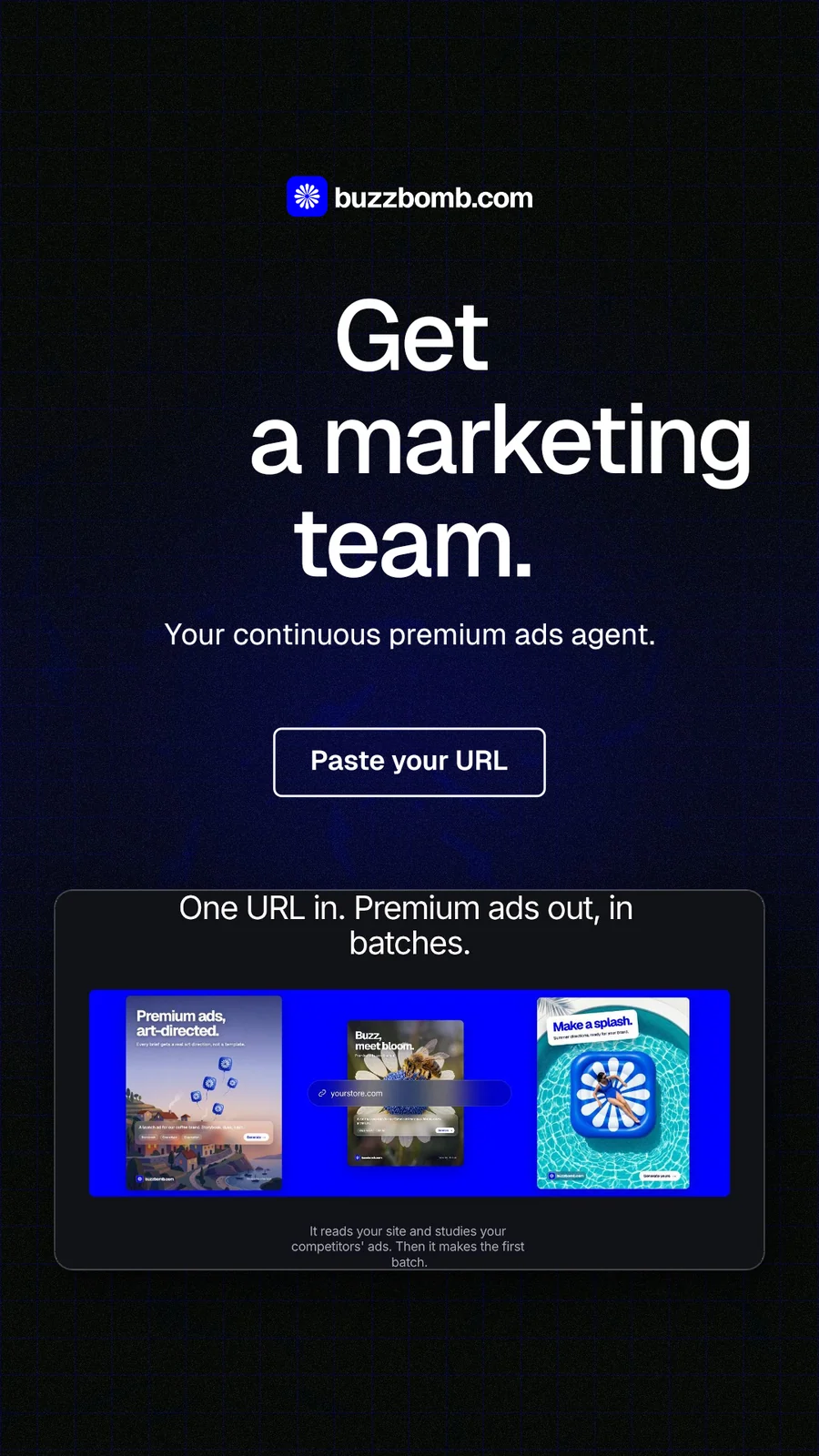Instagram story for BuzzBomb: "Get a marketing team." Phosphor atlas style, centred layout, dark palette in black, grey, blue.