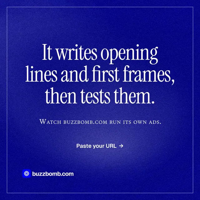 Instagram post for BuzzBomb: "It writes opening lines and first frames, then tests them." Editorial style, smallcaps layout, dark palette in blue.