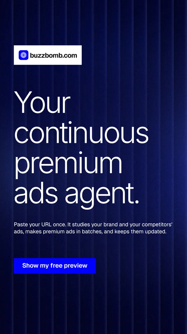 Instagram story for BuzzBomb: "Your continuous premium ads agent." Swiss style, announce layout, dark palette in black, blue, grey.