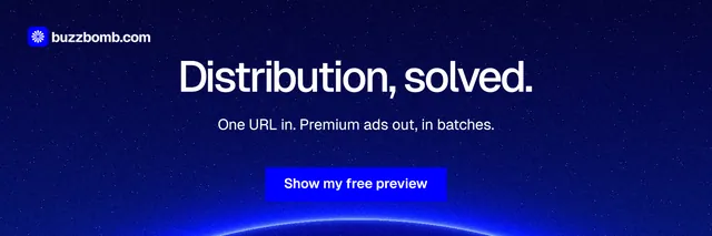 X header for BuzzBomb: "Distribution, solved." Swiss style, centred layout, dark palette in blue.