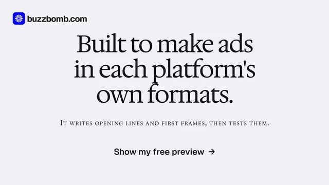 Landscape graphic for BuzzBomb: "Built to make ads in each platform's own formats." Data card style, smallcaps layout, light palette in white, grey.